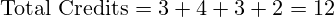 \text{Total Credits} = 3 + 4 + 3 + 2 = 12