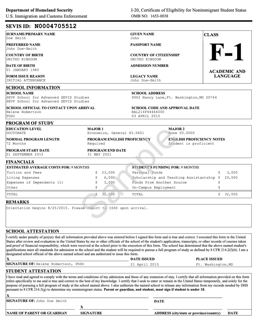 sample I-20 form